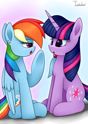 Size: 2480x3507 | Tagged: safe, artist:twidasher, imported from derpibooru, rainbow dash, twilight sparkle, pegasus, pony, unicorn, duo, ear piercing, feather, female, gradient background, lesbian, looking at each other, one hoof raised, open mouth, piercing, raised hoof, shipping, signature, sitting, twidash, unicorn twilight