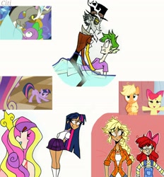 Size: 2472x2662 | Tagged: safe, artist:citi, edit, edited screencap, imported from derpibooru, screencap, apple bloom, applejack, discord, princess cadance, spike, twilight sparkle, earth pony, human, pony, unicorn, a canterlot wedding, apple family reunion, make new friends but keep discord, butt, clothes, female, filly, human spike, humanized, male, mare, messy mane, out of context, plot, scene interpretation, screencap reference, sunshine sunshine, twibutt