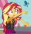 Size: 524x580 | Tagged: safe, artist:horsesplease, edit, edited screencap, editor:horsesplease, imported from derpibooru, screencap, gallus, sunset shimmer, griffon, equestria girls, equestria girls series, rollercoaster of friendship, cropped, crowing, flying, gallus the rooster, gallusposting, geode of empathy, magical geodes, micro, throwing