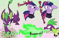 Size: 2331x1501 | Tagged: safe, artist:northernlightsone, imported from derpibooru, spike, twilight sparkle, dragon, pony, unicorn, alternate universe, armor, broken horn, collar, duo, eye scar, female, fire, grin, horn, male, mare, older, older spike, open mouth, scar, shipping, smiling, spiked collar, straight, teenage spike, teenager, twispike, unicorn twilight, winged spike, wings