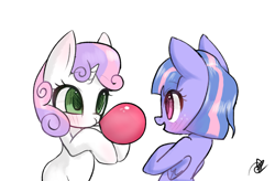 Size: 3647x2393 | Tagged: safe, artist:choyamy, imported from derpibooru, sweetie belle, wind sprint, pegasus, pony, unicorn, blowing, blushing, bubblegum, cute, diasweetes, female, filly, food, gum, simple background, sprintabetes, white background