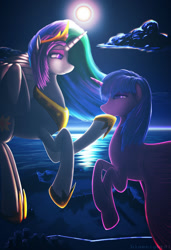 Size: 1024x1494 | Tagged: safe, artist:bluenight01, imported from derpibooru, princess celestia, twilight sparkle, alicorn, pony, horse play, cloud, colored pupils, female, flowing mane, flying, hoof shoes, horn, looking at each other, moon, moonlight, multicolored hair, night, ocean, purple eyes, sky, twilight sparkle (alicorn), water, wings