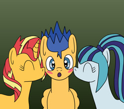 Size: 1280x1125 | Tagged: safe, artist:platinumdrop, imported from derpibooru, flash sentry, sonata dusk, sunset shimmer, earth pony, pegasus, pony, unicorn, blushing, cheek kiss, female, flashimmer, gradient background, kiss on the cheek, kiss sandwich, kissing, love triangle, male, mare, ponified, request, senata, shipping, simple background, stallion, straight