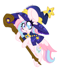 Size: 1280x1595 | Tagged: safe, artist:ladylullabystar, imported from derpibooru, oc, oc only, oc:lullaby star, alicorn, pony, chibi, female, hat, mare, simple background, solo, staff, transparent background, witch hat