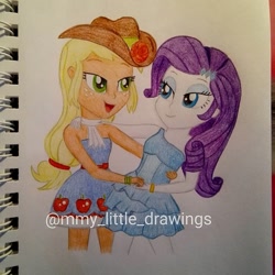 Size: 1080x1080 | Tagged: safe, artist:mmy_little_drawings, imported from derpibooru, applejack, rarity, equestria girls, equestria girls (movie), applebetes, bare shoulders, clothes, cute, dress, eyelashes, fall formal outfits, female, hat, jackabetes, lesbian, open mouth, raribetes, rarijack, shipping, sleeveless, smiling, strapless, sweet dreams fuel, traditional art, watermark