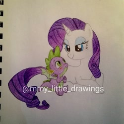 Size: 1080x1080 | Tagged: safe, artist:mmy_little_drawings, imported from derpibooru, rarity, spike, dragon, pony, unicorn, bedroom eyes, blushing, eyelashes, female, horn, lying down, male, mare, prone, shipping, sitting, smiling, sparity, straight, traditional art, watermark, winged spike, wings