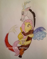 Size: 1080x1350 | Tagged: safe, artist:mmy_little_drawings, imported from derpibooru, discord, fluttershy, draconequus, pegasus, pony, blushing, discoshy, eyelashes, female, hug, male, mare, shipping, smiling, straight, traditional art, watermark, wings