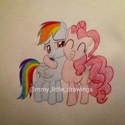 Size: 1080x1080 | Tagged: safe, artist:mmy_little_drawings, imported from derpibooru, pinkie pie, rainbow dash, earth pony, pegasus, pony, duo, eyelashes, eyes closed, female, grin, lesbian, pinkiedash, shipping, side hug, smiling, traditional art, watermark, wings