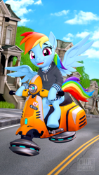 Size: 2160x3840 | Tagged: safe, artist:owlpirate, imported from derpibooru, rainbow dash, pegasus, pony, 3d, biker, clothes, earbuds, hoodie, hoverbike, moped, source filmmaker