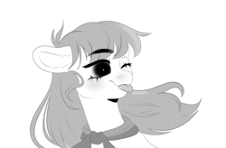 Size: 1280x842 | Tagged: safe, artist:azaani, imported from derpibooru, oc, oc only, earth pony, pony, black and white, bowtie, grayscale, manga, monochrome, one eye closed, simple background, solo, tongue out, white background, wink