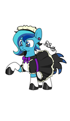 Size: 720x1250 | Tagged: safe, artist:djmatinext, imported from derpibooru, oc, oc only, oc:blue harmony, earth pony, pony, comic:demoted, base used, beard, blue eyes, clothes, crossdressing, facial hair, maid, maid headdress, male, piercing, shoes, simple background, socks, solo, stockings, thigh highs, trace, trap, white background