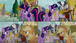 Size: 2000x1125 | Tagged: safe, edit, edited screencap, editor:quoterific, imported from derpibooru, screencap, applejack, twilight sparkle, zecora, earth pony, pony, unicorn, zebra, season 2, the cutie pox, applejack's hat, cowboy hat, female, hat, mare, marvel, open mouth, ponyville, spider-man, suspicious, teeth, trio, unicorn twilight