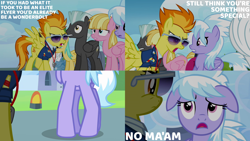 Size: 2000x1125 | Tagged: safe, edit, edited screencap, editor:quoterific, imported from derpibooru, screencap, bulk biceps, cloudchaser, meadow flower, mercury, spitfire, starry eyes (character), sunshower raindrops, thunderlane, pegasus, pony, season 3, wonderbolts academy, angry, clothes, duo, duo female, female, floppy ears, looking up, male, mare, open mouth, scared, stallion, teeth, uniform, walking, wonderbolts uniform