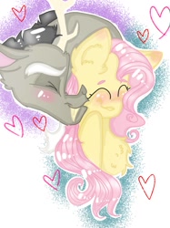 Size: 899x1200 | Tagged: safe, artist:cocolove2176, imported from derpibooru, discord, fluttershy, draconequus, pegasus, pony, abstract background, blushing, bust, cheek kiss, chest fluff, discoshy, ear fluff, eyes closed, female, heart, kiss on the cheek, kissing, male, mare, shipping, smiling, straight