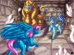 Size: 3454x2550 | Tagged: safe, artist:valyce-negative, imported from derpibooru, oc, oc:azure feather, oc:summer scribe, golem, pegasus, sphinx, unicorn, fanfic:expedition to cloudbreak islands, ceramic, crystal, glowing eyes, gold, horn, pegasus oc, pyramid, spread wings, statue, underground, unicorn oc, wings