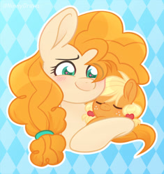 Size: 1701x1810 | Tagged: safe, artist:ninnydraws, imported from derpibooru, applejack, pear butter, earth pony, pony, baby, baby pony, blushing, bust, duo, female, foal, heart, heart eyes, mare, simple background, simple shading, smiling, solo, wingding eyes