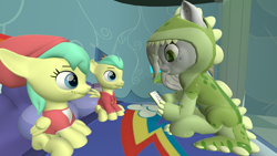 Size: 3840x2160 | Tagged: safe, artist:northern haste, imported from derpibooru, barley barrel, pickle barrel, oc, oc:fossil fluster, earth pony, pegasus, pony, 3d, 4k, animal costume, animal onesie, barrel twins, bed, book, brother and sister, clothes, costume, dinosaur costume, female, foalsitter, foalsitting, kigurumi, male, onesie, siblings, source filmmaker, twins