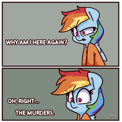 Size: 1500x1500 | Tagged: safe, artist:lou, imported from derpibooru, rainbow dash, pegasus, pony, clothes, comic, implied murder, jail, james holmes, meme, ponified meme, prison outfit, prisoner rd, solo