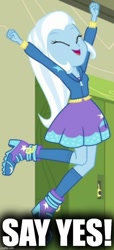Size: 500x1092 | Tagged: safe, edit, edited screencap, imported from derpibooru, screencap, trixie, equestria girls, equestria girls series, forgotten friendship, caption, clothes, eyes closed, image macro, imgflip, jumping, meme, shoes, text, trixie yells at everything