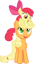 Size: 1240x2268 | Tagged: safe, artist:delmors, imported from derpibooru, apple bloom, applejack, earth pony, pony, adorabloom, apple bloom riding applejack, apple sisters, applebetes, cute, female, jackabetes, ponies riding ponies, pony hat, riding, siblings, simple background, sisters, sweet dreams fuel, transparent background