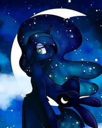 Size: 1080x1350 | Tagged: safe, artist:tessa_key_, imported from derpibooru, princess luna, alicorn, pony, crescent moon, ethereal mane, eyelashes, female, floppy ears, galaxy mane, horn, lidded eyes, mare, moon, night, sitting, smiling, solo, stars, tangible heavenly object, transparent moon, wings