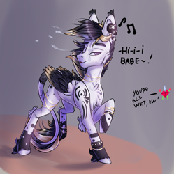 Size: 2883x2889 | Tagged: safe, imported from derpibooru, oc, oc only, oc:sketch blackwing, pegasus, pony, black feathers, dark mane, jewelry, purple eyes, solo, text, white body, wings