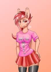 Size: 1200x1700 | Tagged: safe, artist:zachc, imported from derpibooru, oc, oc only, anthro, bat pony, clothes, ear fluff, female, shirt, skirt, socks, solo, thigh highs, waifu, wings, zettai ryouiki