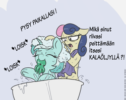 Size: 1535x1220 | Tagged: safe, artist:t72b, edit, editor:rautamiekka, imported from derpibooru, bon bon, lyra heartstrings, sweetie drops, earth pony, octopus, pony, unicorn, assisted bathing, bath, bathing, bon bon is not amused, cthulyra, cute, eyes closed, female, finnish, hoofy-kicks, l.u.l.s., lyrabetes, mare, mouth hold, splashing, text, towel, toy, translation, translator:rautamiekka, unamused, underhoof