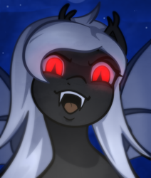 Size: 1322x1560 | Tagged: source needed, safe, artist:sb66, imported from derpibooru, oc, oc only, oc:midnight ruby, bat pony, semi-anthro, bat pony oc, bat wings, fangs, female, glowing eyes, open mouth, red eyes, red eyes take warning, solo, spooky, spread wings, white mane, wings