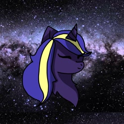 Size: 1080x1080 | Tagged: safe, artist:checkered_egg, imported from derpibooru, oc, oc only, pony, unicorn, bust, eyes closed, horn, solo, space, stars, unicorn oc