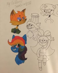 Size: 1080x1349 | Tagged: safe, artist:checkered_egg, imported from derpibooru, rainbow dash, anthro, fox, human, pegasus, pony, anthro with ponies, bust, eyes closed, female, mare, nick wilde, the powerpuff girls, traditional art, zootopia