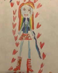 Size: 1080x1350 | Tagged: safe, artist:checkered_egg, imported from derpibooru, rainbow dash, equestria girls, boots, clothes, female, high heel boots, lipstick, shoes, skirt, smiling, solo, traditional art