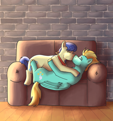 Size: 3000x3200 | Tagged: safe, artist:applejackofalltrades, imported from derpibooru, fiddlesticks, lightning dust, earth pony, pegasus, pony, apple family member, commission, couch, fiddledust, kissing, smooch