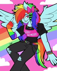 Size: 1000x1250 | Tagged: safe, artist:checkered_egg, imported from derpibooru, rainbow dash, anthro, pegasus, 20% cooler, arm warmers, bracelet, chains, clothes, cloud, female, hair over one eye, jewelry, nail polish, necklace, pants, rainbow, shirt, signature, sitting, smiling, solo, t-shirt, torn clothes, wings