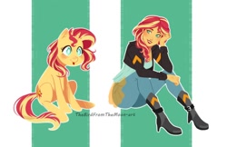 Size: 1280x828 | Tagged: safe, artist:thebirdfromthemoon, imported from derpibooru, sunset shimmer, pony, unicorn, equestria girls, :p, blushing, clothes, cute, female, human ponidox, jacket, jeans, mare, pants, self ponidox, shimmerbetes, sitting, smiling, tongue out
