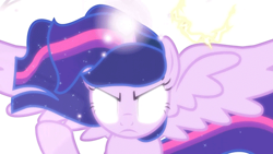 Size: 600x338 | Tagged: safe, imported from derpibooru, screencap, twilight sparkle, alicorn, pony, twilight's kingdom, concentrating, ethereal mane, female, glow, glowing, glowing eyes, lightning, looking at you, magic, magic overload, mare, raised hoof, solo, starry mane, super saiyan princess, the fourth wall cannot save you, twilight sparkle (alicorn), ultimate twilight, white eyes