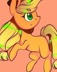 Size: 1080x1350 | Tagged: safe, alternate version, artist:tessa_key_, imported from derpibooru, applejack, earth pony, pony, colored, female, freckles, hat, looking back, mare, pink background, rearing, simple background, smiling, solo