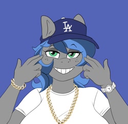 Size: 1104x1073 | Tagged: safe, artist:littlebibbo, imported from derpibooru, imported from ponybooru, oc, oc only, oc:bibbo, anthro, pegasus, baseball cap, blue background, breasts, cap, chains, clothes, female, freckles, grin, hat, lidded eyes, looking at you, los angeles dodgers, mare, meme, pose, shirt, simple background, smiling, solo, watch, wristwatch