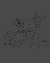 Size: 1080x1350 | Tagged: safe, artist:tessa_key_, imported from derpibooru, oc, oc only, alicorn, pony, alicorn oc, dark background, horn, lineart, monochrome, solo, wings, worried