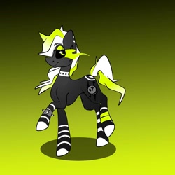 Size: 1080x1080 | Tagged: safe, artist:tessa_key_, imported from derpibooru, oc, oc only, earth pony, pony, black sclera, choker, colored hooves, earth pony oc, eyelashes, gradient background, raised hoof, smiling, solo, sombra eyes, spiked choker