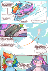 Size: 960x1440 | Tagged: safe, artist:cold-blooded-twilight, imported from derpibooru, rainbow dash, twilight sparkle, pegasus, pony, unicorn, cold blooded twilight, comic:cold storm, blushing, chest fluff, clothes, cloud, comic, dialogue, eyes closed, female, flying, grin, leggings, lesbian, looking at each other, rainbow trail, shipping, smiling, speech bubble, speed lines, spread wings, twidash, unicorn twilight, wings