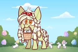 Size: 3000x2000 | Tagged: safe, artist:jetjetj, imported from derpibooru, part of a set, oc, oc only, oc:peace pie, earth pony, pony, rabbit, animal, chibi, commission, easter egg, female, mare, solo, ych result