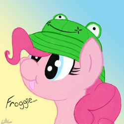 Size: 2160x2160 | Tagged: safe, artist:legendoflink, imported from derpibooru, pinkie pie, cute, diapinkes, frog hat, gradient background, hat, text, tongue out