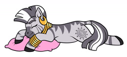 Size: 1280x579 | Tagged: safe, artist:mod charm, artist:picturesofponies, imported from derpibooru, zecora, pony, zebra, bracelet, cute, ear piercing, earring, eyes closed, female, jewelry, lying down, mare, neck rings, piercing, pillow, prone, quadrupedal, simple background, sleeping, solo, white background, zecorable