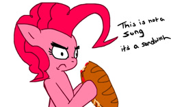 Size: 900x563 | Tagged: safe, artist:invader-star-irken, imported from derpibooru, pinkie pie, 2012, food, frown, psychostick, sandwich, song reference, sub sandwich, submarine sandwich, talking to viewer, thick eyebrows