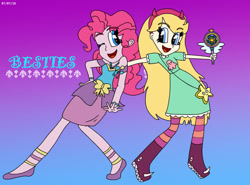 Size: 1024x759 | Tagged: safe, artist:sunriseshine88, imported from derpibooru, pinkie pie, equestria girls, duo, duo female, equestria girls-ified, female, one eye closed, royal magic wand, star butterfly, star vs the forces of evil, wink