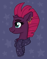 Size: 2392x3024 | Tagged: safe, artist:pink-pone, imported from derpibooru, fizzlepop berrytwist, tempest shadow, pony, unicorn, my little pony: the movie, broken horn, bust, clothes, cozy, cute, ear piercing, earring, happy, hnnng, horn, jewelry, piercing, portrait, profile, scarf, smiling, solo