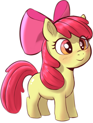 Size: 1530x2009 | Tagged: safe, artist:crade, imported from ponybooru, apple bloom, earth pony, pony, adorabloom, apple bloom's bow, blushing, bow, cute, female, filly, foal, hair bow, simple background, smiling, solo, white background