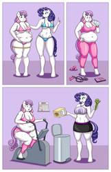 Size: 1600x2462 | Tagged: safe, artist:lordstormcaller, edit, imported from derpibooru, rarity, sweetie belle, anthro, unguligrade anthro, belly, belly button, bikini, calendar, chubby, clothes, comic, cookie, cute, diet, exercise, exercise bike, exercise machine, eyeshadow, fat, female, fetish, food, indoors, jump rope, leg warmers, makeup, measuring, measuring tape, pants, pudgy, purple background, sexy, shorts, siblings, simple background, sisters, sweat, sweatpants, swimsuit, thighs, trash can, vegetables, weight loss, weights, wide eyes, workout