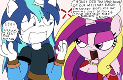 Size: 2048x1336 | Tagged: safe, artist:tenebrousmelancholy, imported from derpibooru, princess cadance, shining armor, alicorn, anthro, unicorn, angry, couple, dialogue, digital art, duo, female, husband and wife, imminent punishment, male, royalty, scared, sheepish grin, simple background, sweat